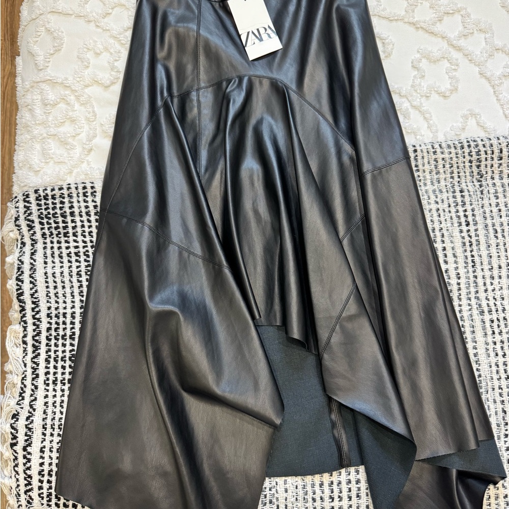 Zara Asymmetrical Hem Black Leather Skirt